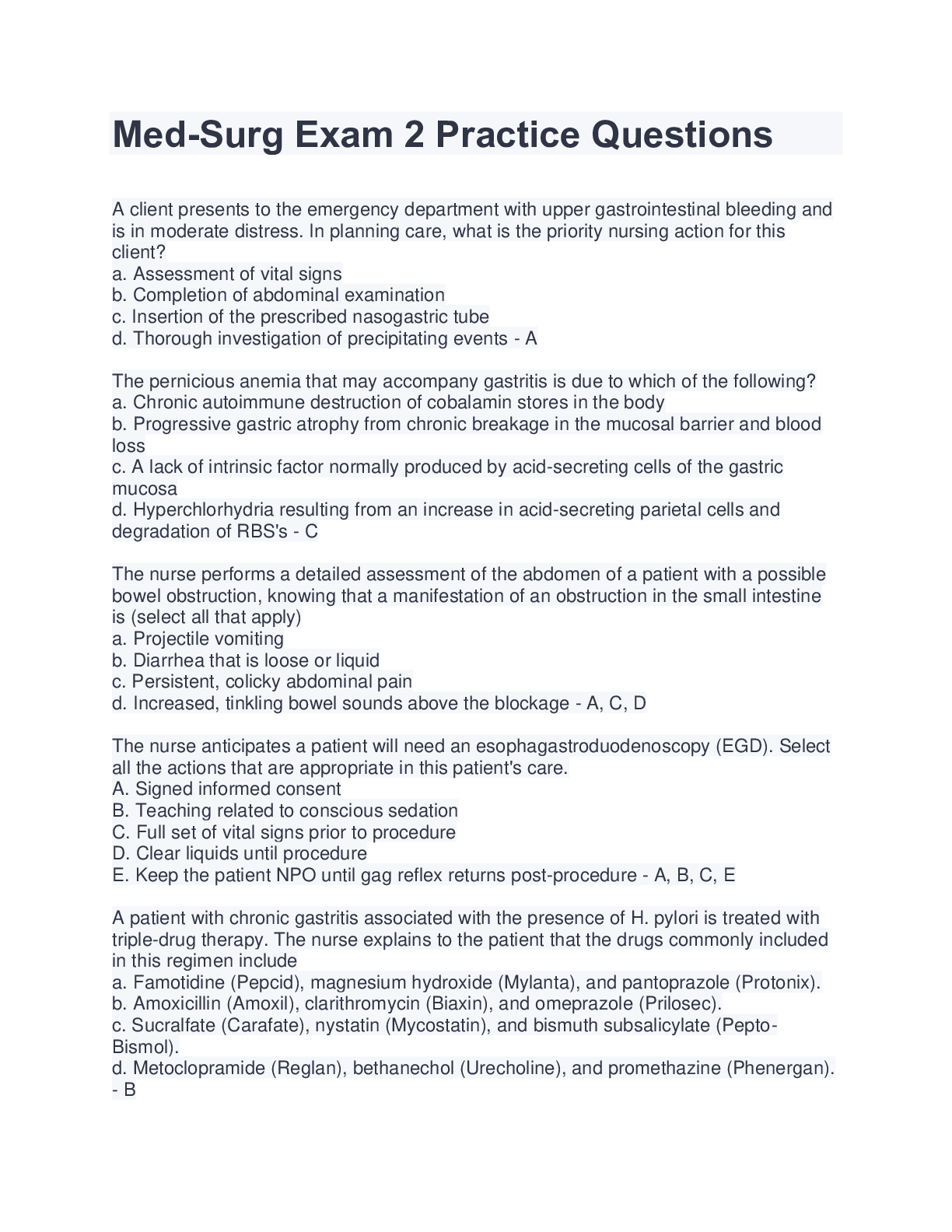 Preview image for Med-Surg Exam 2 Practice Questions Latest Update 2023